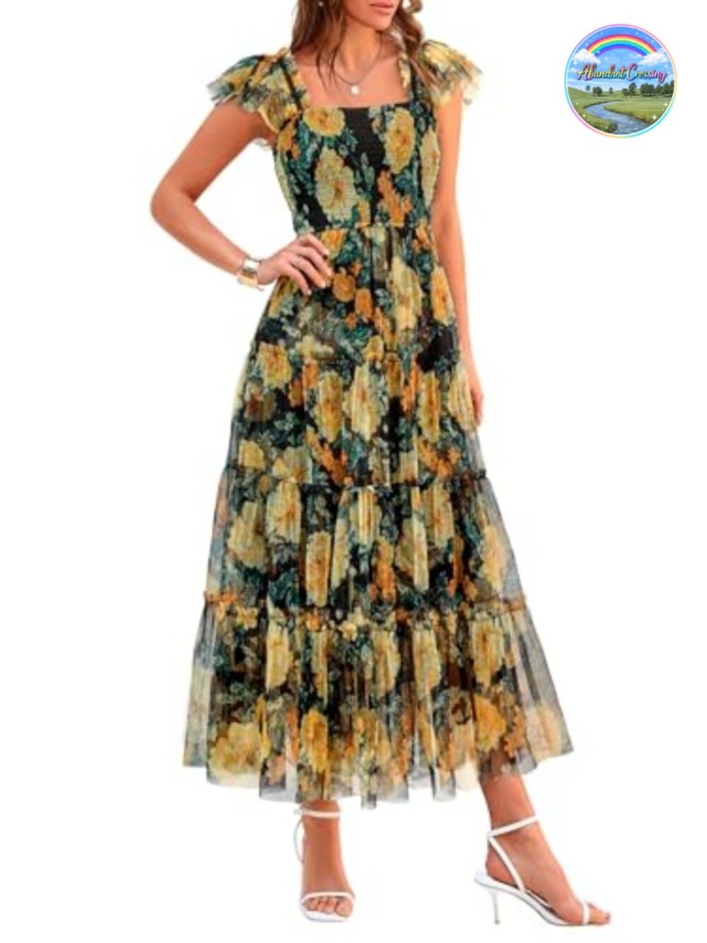 Women's Smocked Midi Tulle Dress Square Neck Sleeveless Fit Flare Sundress